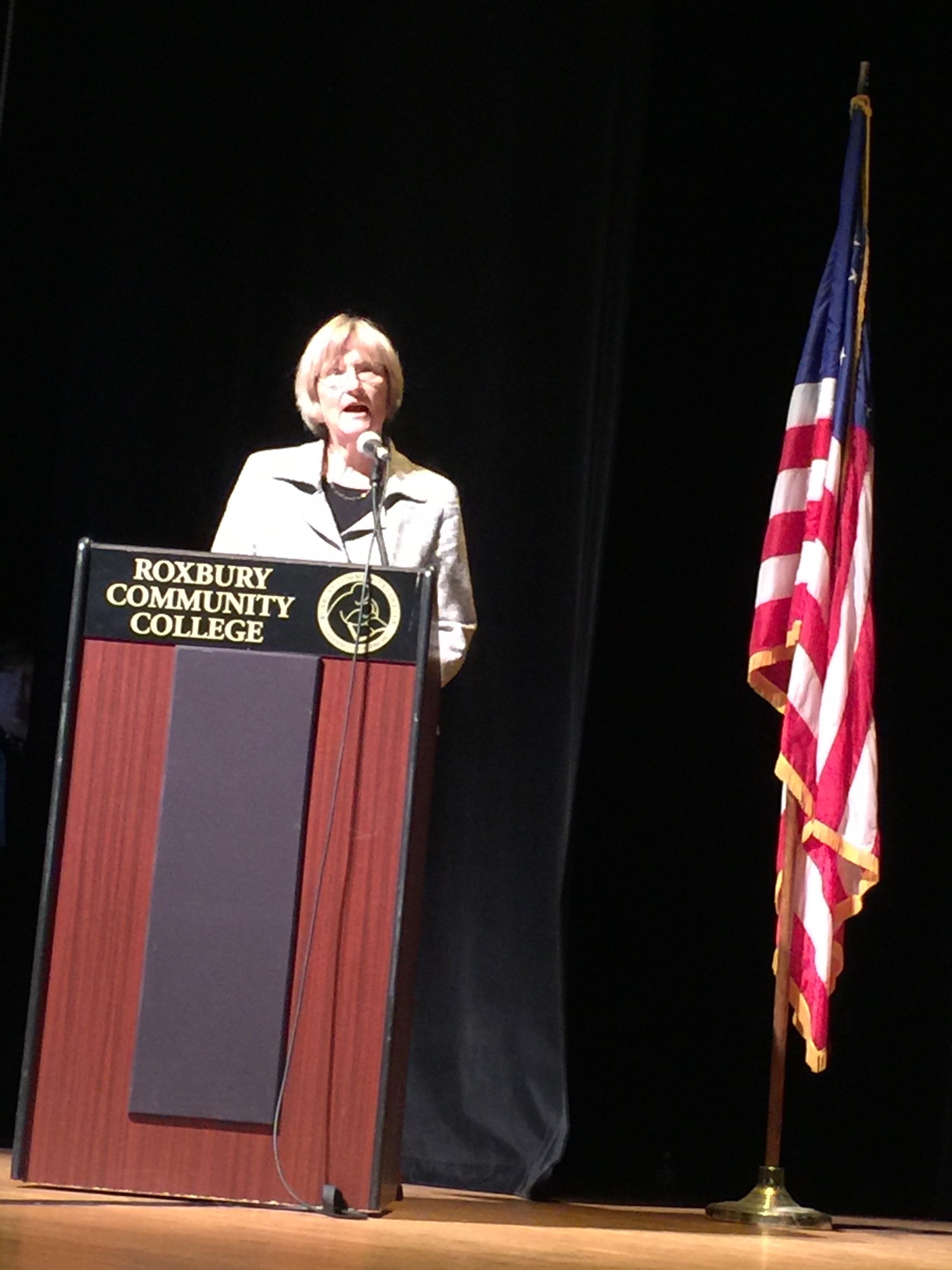 Drew Faust, President of Harvard University, speaks at Roxbury Community College.