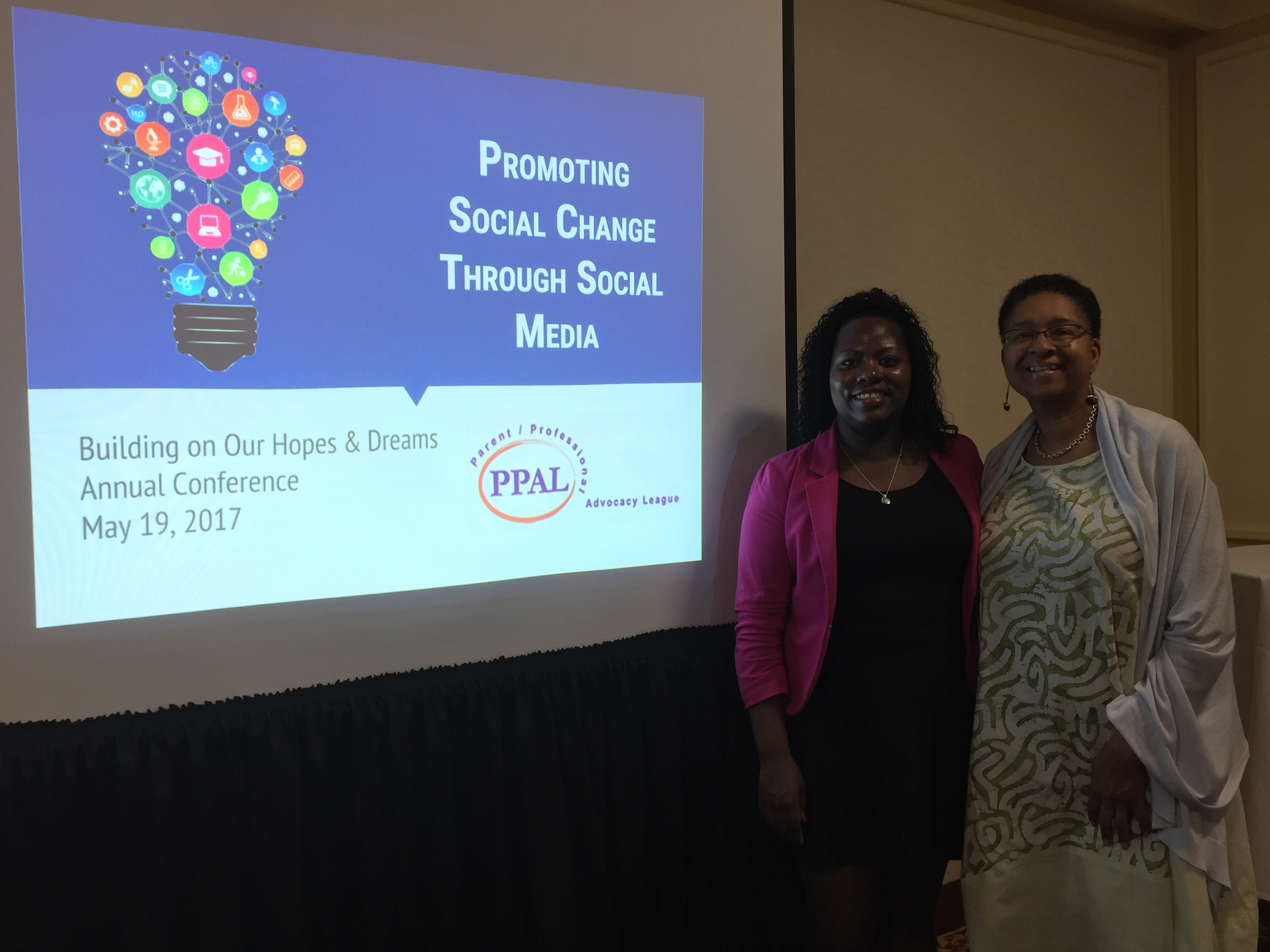 Christina Maryland of Brand Aid & Kelley Chunn present on social media at the Parent/Professional Advocacy League.